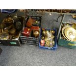 Three boxes of various metalware including copper kettles, EPNS teaware etc