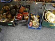 Three boxes of various metalware including copper kettles, EPNS teaware etc