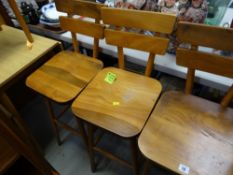 Three good lightwood mid-century bar stools, small kitchen table & chair