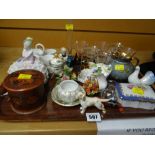A tray of novelty items including china ornaments, cocktail glasses, trinket boxes etc