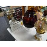 A modern glass table top chest, a purple glass vase etc