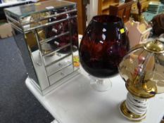 A modern glass table top chest, a purple glass vase etc