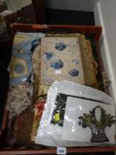 A crate of material including embroideries & a Master Mason's apron