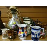 A parcel of pottery jugs including lustre, gaudy Welsh etc together with two large pottery vases