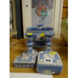 A parcel of Wedgwood blue & white Jasperware including candlesticks, bowl, trinket boxes etc