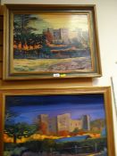 A pair of oils on board by JOHN CHERRINGTON of castles