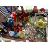 A large tray of various coloured glass items including small animals, vases, gilded decanter &