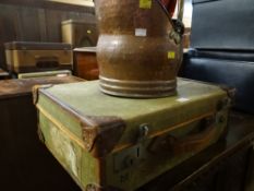 A vintage canvas overnight case & a copper coal scuttle etc