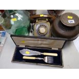 A vintage telephone, a small carboy, a cased fish slice set etc