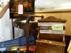 A painted table top chest & a cased Oriental violin