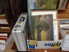 A large quantity of framed & unframed pictures & a document case etc