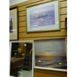 Two modern wall mirrors & two framed prints - one of a Lancaster bomber