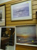 Two modern wall mirrors & two framed prints - one of a Lancaster bomber