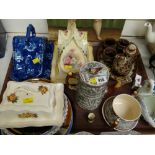 Tray of vintage china including cheese domes, an Arthur Wood Silver Shield part teaset,