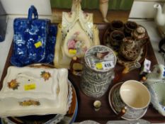 Tray of vintage china including cheese domes, an Arthur Wood Silver Shield part teaset,