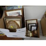 A quantity of framed pictures etc in two boxes