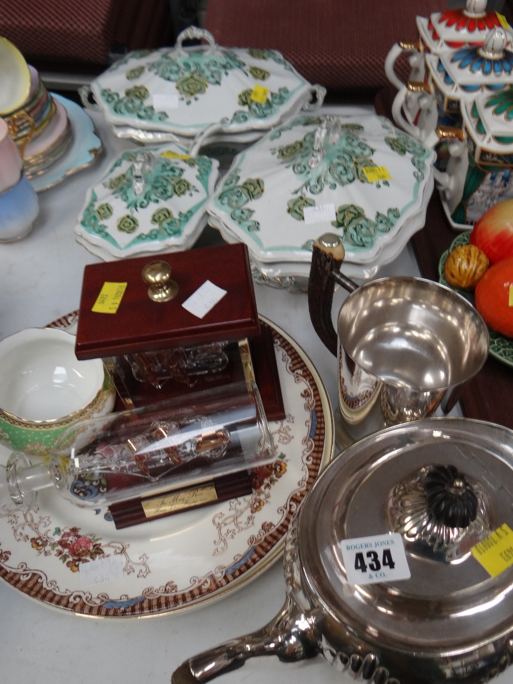 Three pottery dinner tureens together with plates, EPNS teapot & beaker