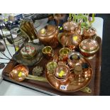 Tray of copper & brass ornaments & kettles etc