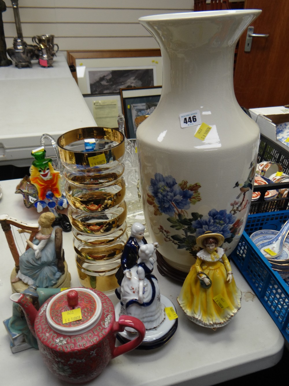 A modern large vase with birds & flowers together with ceramic figurines, Oriental teapot etc