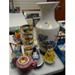 A modern large vase with birds & flowers together with ceramic figurines, Oriental teapot etc