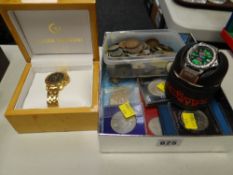 A boxed ladies watch & a quantity of coinage etc