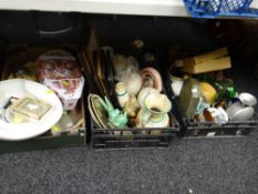 Three crates of various mixed china including slipper bed pan, storage jars, stoneware bottles, Wade