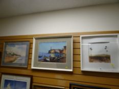 Three framed pictures including watercolour of Italy etc