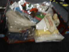Crate of bead work, embroidery & other fabric samples etc