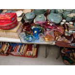 A parcel of souvenirs & small trinkets, a parcel of glassware, a sewing basket & contents etc