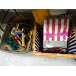 A basket of linen etc & a basket of home tools etc