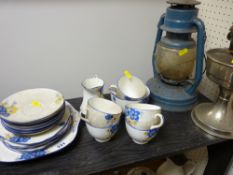 Twenty one piece Staffs blue and yellow teaset, hurricane lamp and an aluminium oil lamp