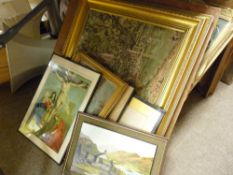 Small parcel of prints, framed tapestry landscape scene, large framed floral print after VERNON WARD