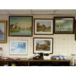 Four framed prints and a modern oil on canvas by VILAS