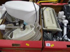Two boxes containing vintage food mixer/processor, office shredder and other electrical kitchen