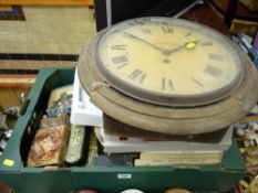 Two boxes of mixed contents and an old circular dial wall clock 'D Lloyd Jones, Pwllheli' (for