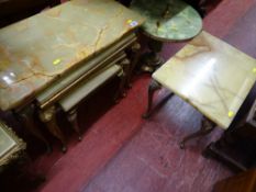 Nest of four faux onyx and brass tables and two other similar occasional tables