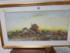 ARTHUR WATTS watercolour - thatched cottage, church spire and two figures on a track, signed and