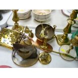 Parcel of mixed brassware including pair of candleholders, chestnut roaster and a bone mounted