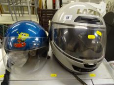Laser metallic silver motorcycle helmet and gloves and a child's 'SpongeBob Square Pants' helmet