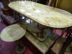 Two tier faux onyx and brass coffee table and a circular faux onyx pedestal occasional table