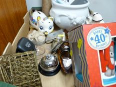 Box of mixed items including a boxed 40th Birthday mug, pottery pig moneybox, jardiniere, novelty