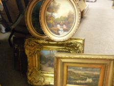 Two gilt framed mirrors and a good parcel of modern reproduction 'oil' paintings, all in gilt
