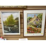 Oil on canvas - waterfall scene, signed ENGLAND and a framed tapestry - cottage and flowers