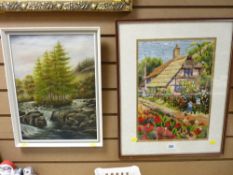 Oil on canvas - waterfall scene, signed ENGLAND and a framed tapestry - cottage and flowers