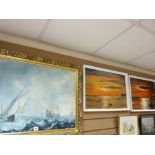 Large gilt framed print of warships (faded) and a pair of modern sunset seascapes, signed