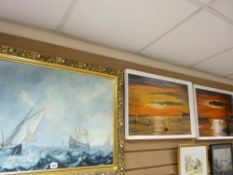 Large gilt framed print of warships (faded) and a pair of modern sunset seascapes, signed