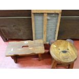 Nice child's stool with seat carved as a teddy bear's face, another pine stool and a washboard