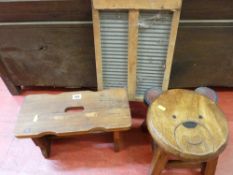 Nice child's stool with seat carved as a teddy bear's face, another pine stool and a washboard