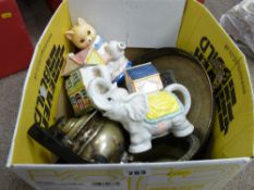 Box of electroplated ware and three novelty teapots