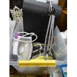 Tub of household kitchen items, mainly Breville iron, toaster, shredder, anglepoise lamp etc E/T
